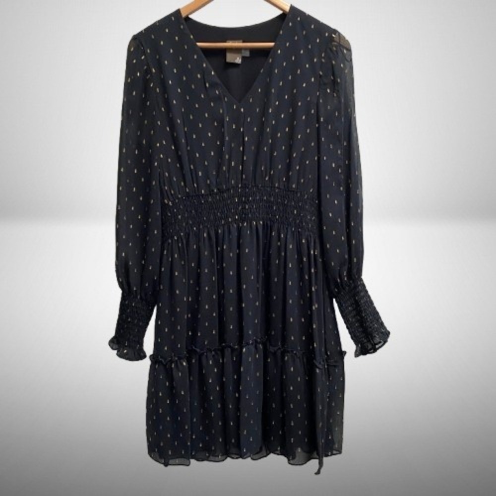 Taylor Dress Smocked Black‎ Gold Lined Mini Dress Size 12